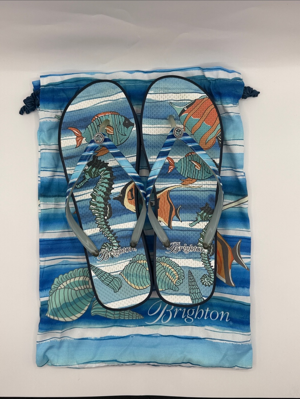 Brighton Blue and Aqua Ocean Print Flip Flops Sz 10